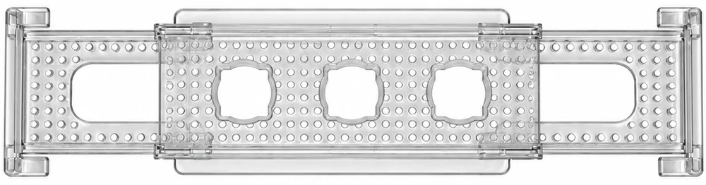 Long clear plant holder with three planting slots and perforated sliding end panels