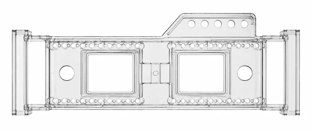 Short clear plant holder with two square planting slots and an offset accessory wing